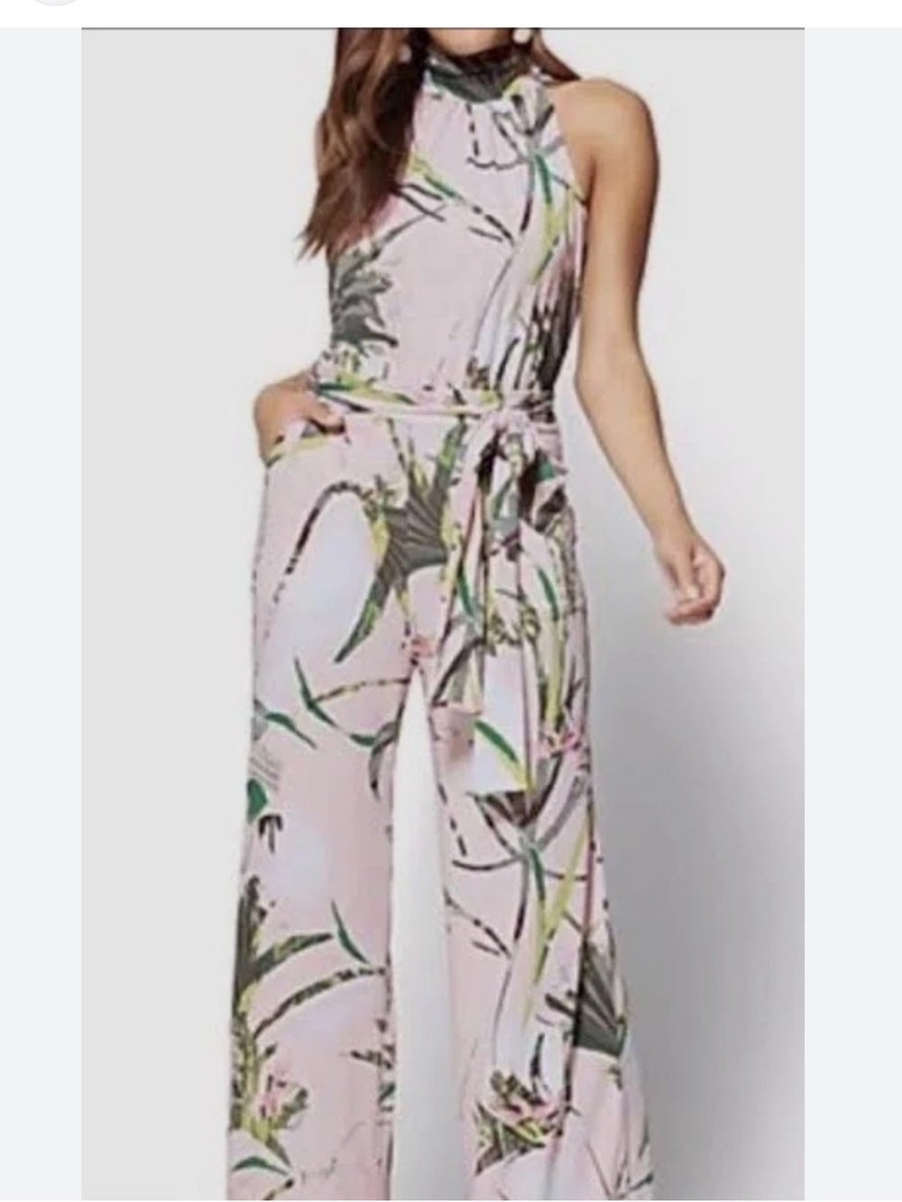 New York & Company High-Neck Tropical Print Floral Wide-Leg Jumpsuit - Picture 2 of 10